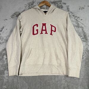 Gap Stretch Hoodie Womens Oatmeal Pink Logo Fleece Pullover Sweatshirt Size M